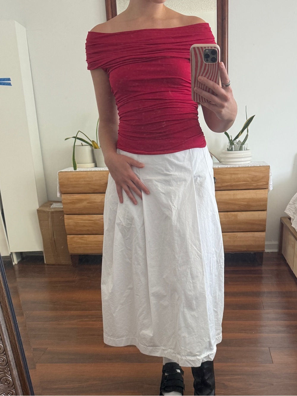BCBGeneration Off-Shoulder Ruched Crop Top in Red